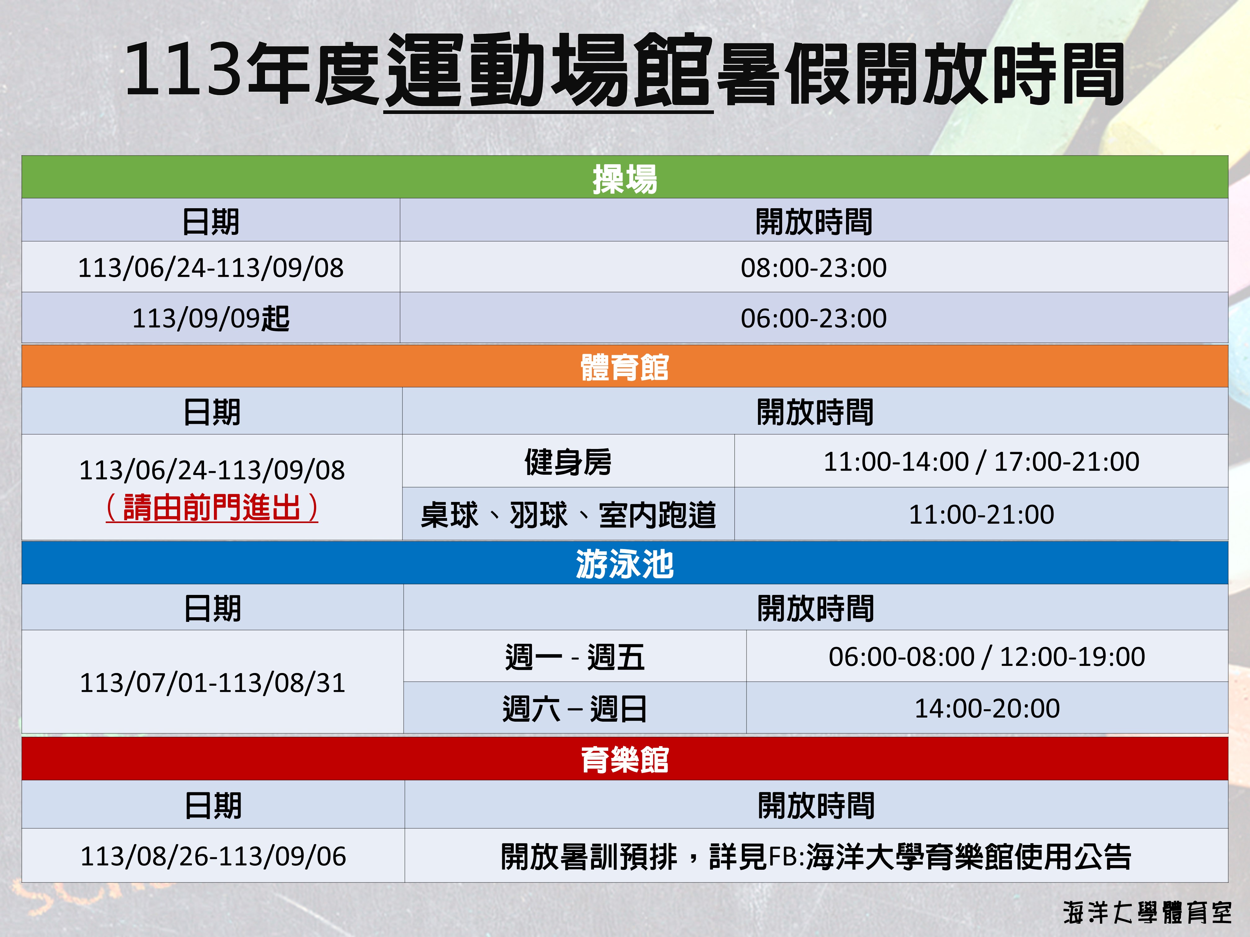 113年暑假體育場館開放時間